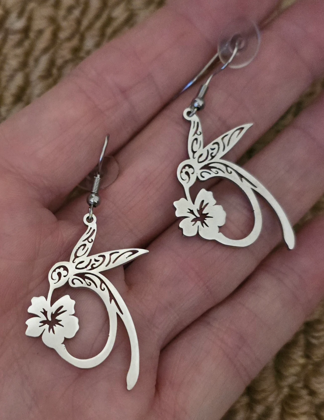 Stainless Steel Silver Tone Hummingbird Design Earrings.