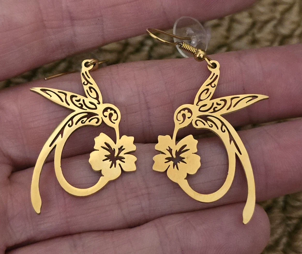 Stainless Steel Gold Tone Hummingbird Design Earrings.