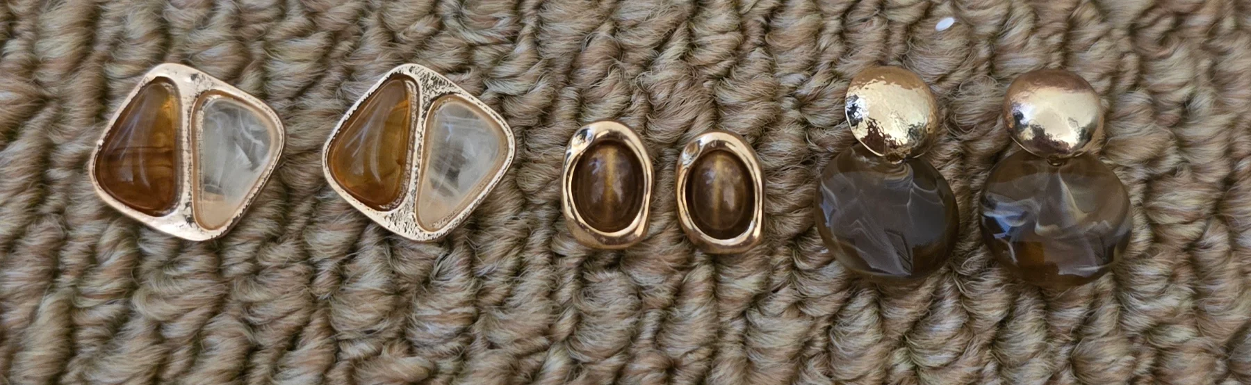 Set of 3 Pairs of Brown & Gold Tone Stud Earrings.
