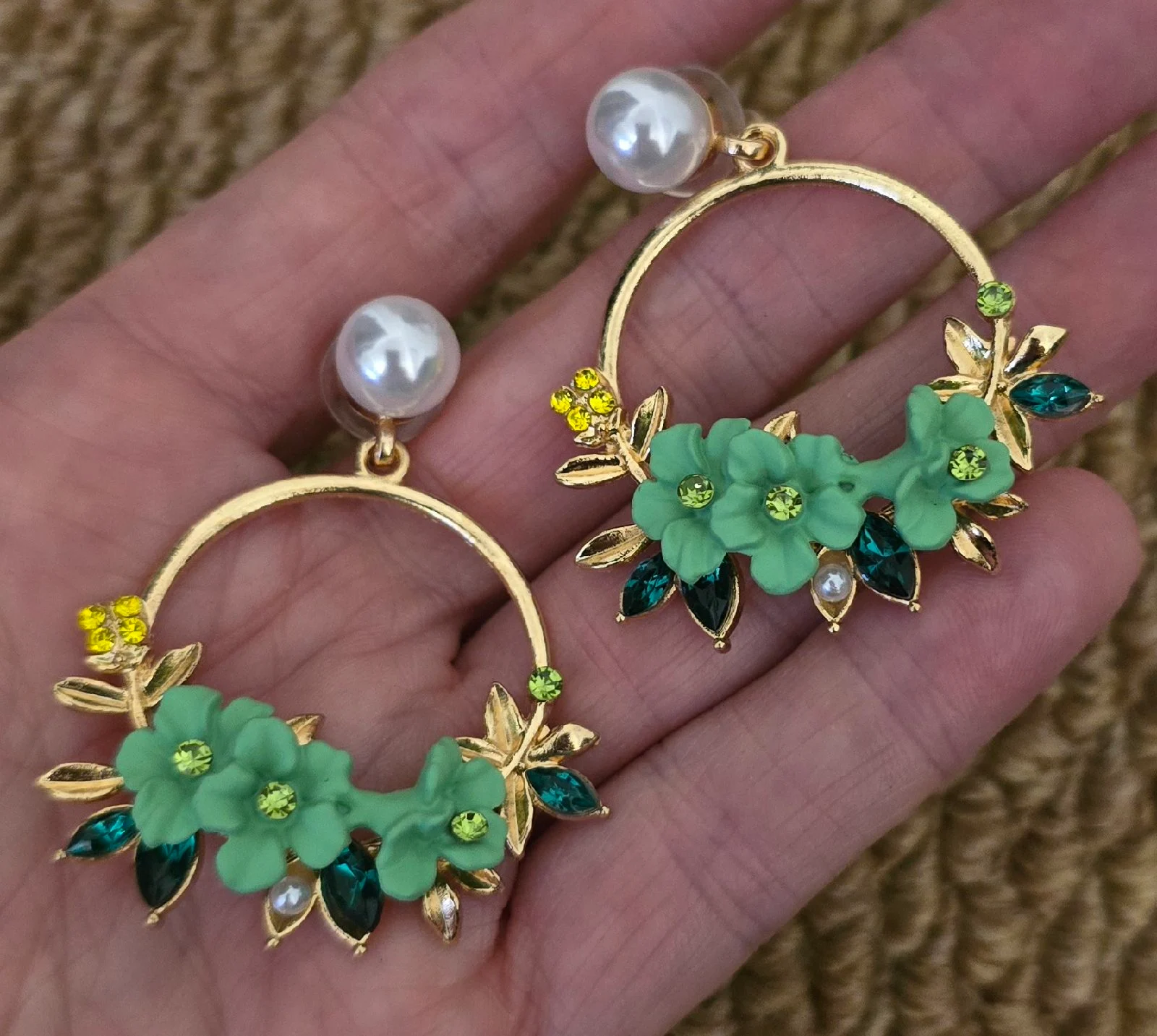 Green Floral Design Multi Gem Earrings