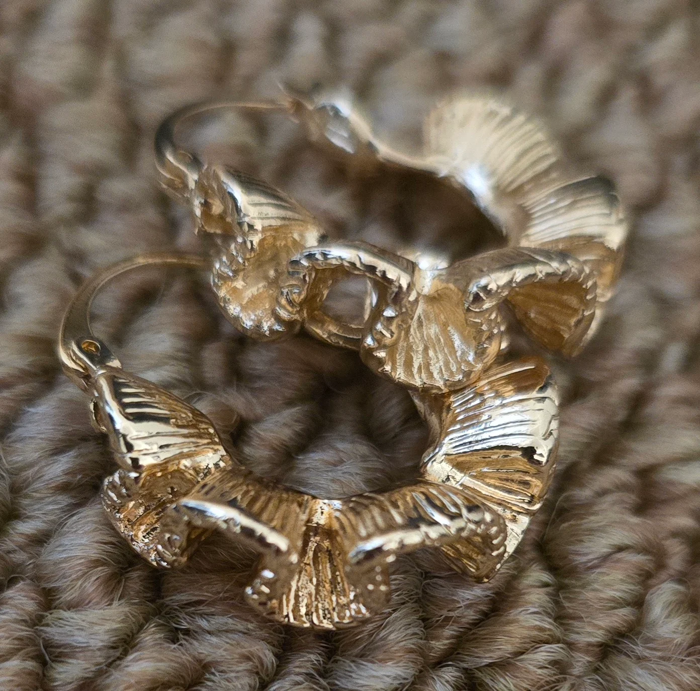 Gorgeous Gold Tone Rippled Creole Style Earrings.