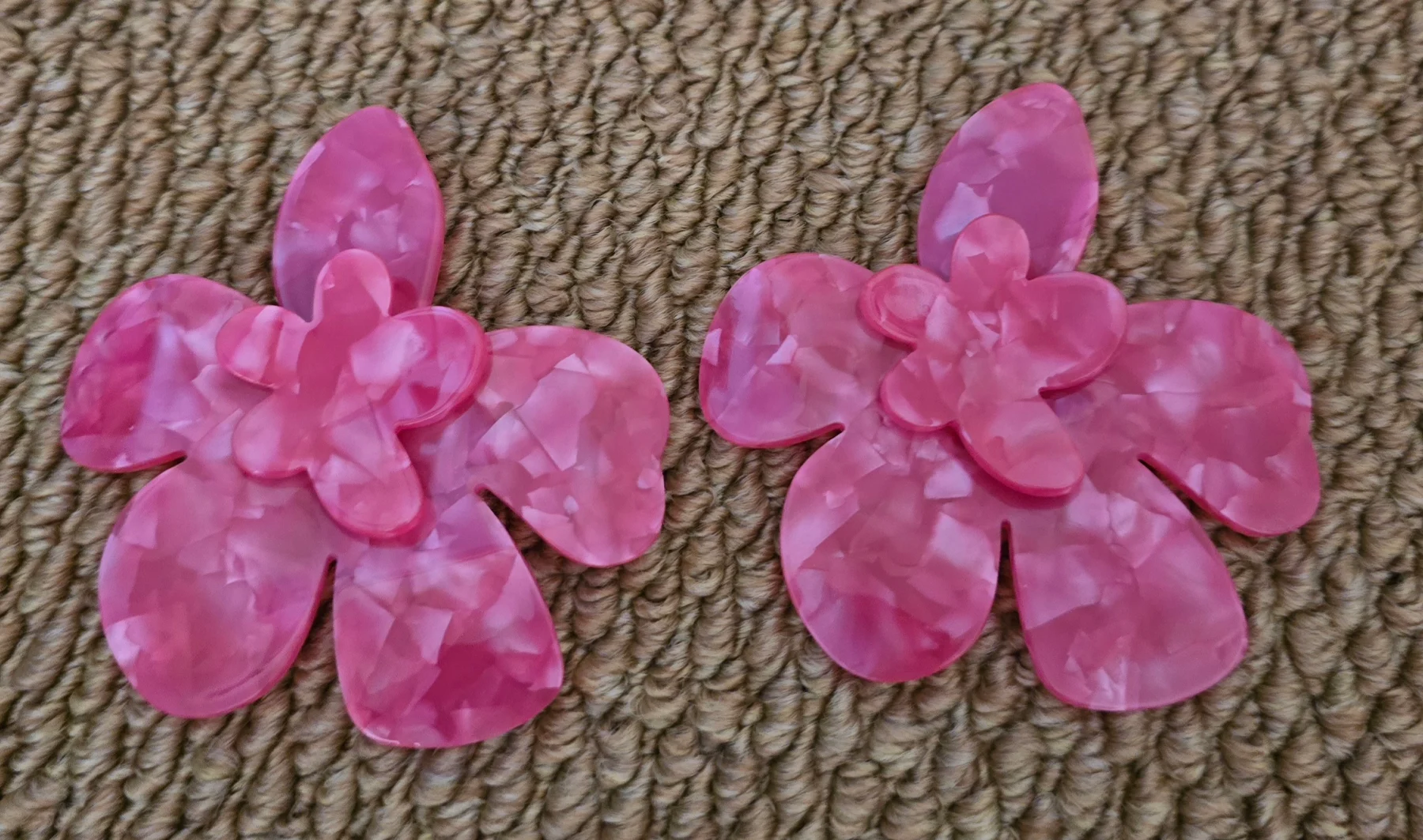 Beautiful Oversized Pink Pearlised Acrylic Floral Earrings.