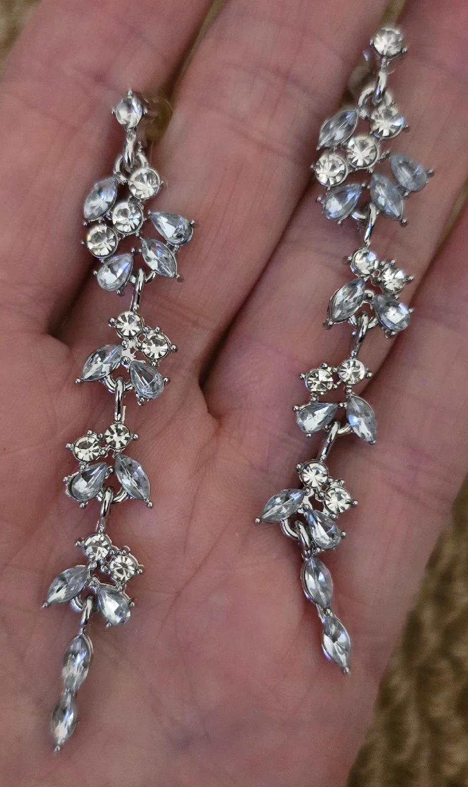 Grey & Clear Diamonte Floral Drop Earrings in Pewter Tone