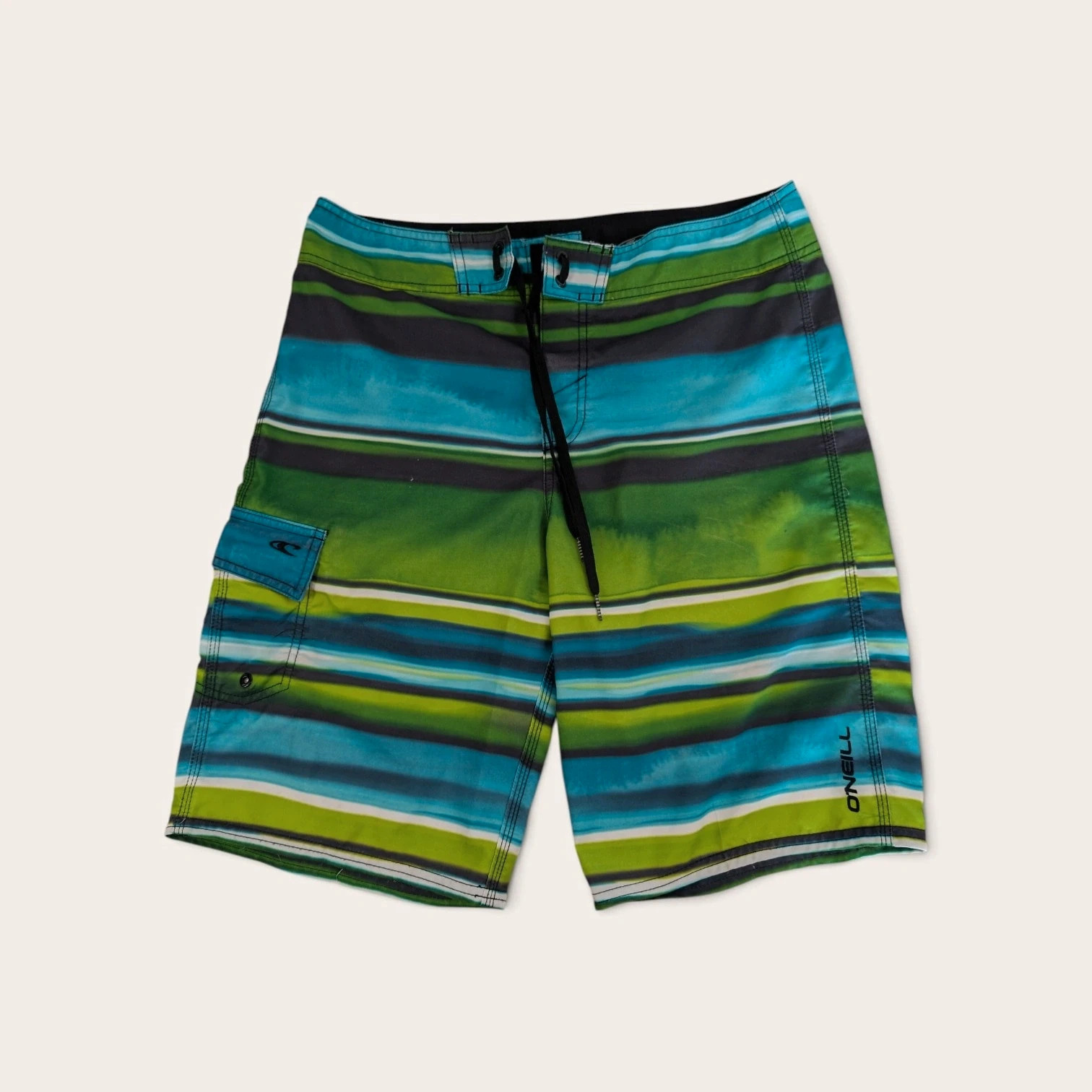 Men's O'Neill Board Shorts green striped swim trunks. 31W. DN4216