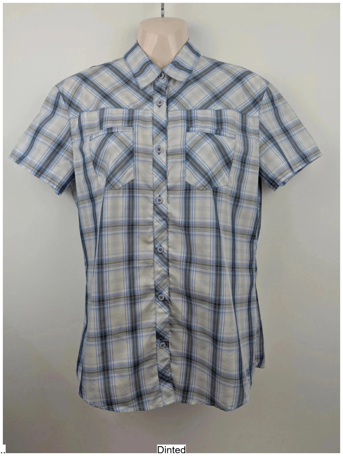 Kuhl Lonik short sleeve button-up shirt in blue, gray, and white plaid. Women's Medium. DN2884