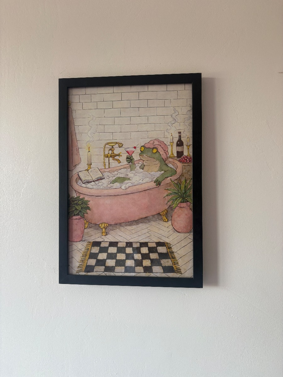 Frog in pink bath bathroom canvas print (unframed)