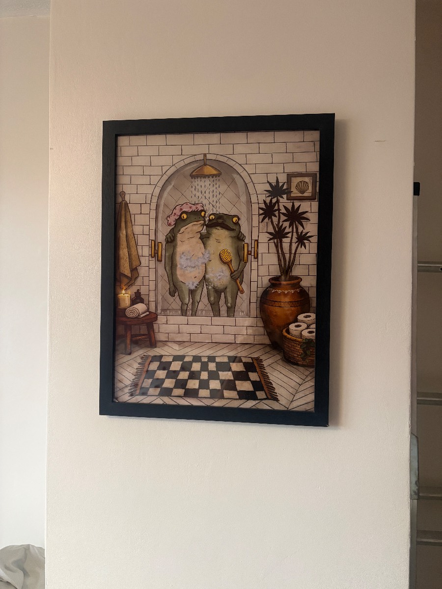 Frogs in shower bathroom canvas print (unframed)