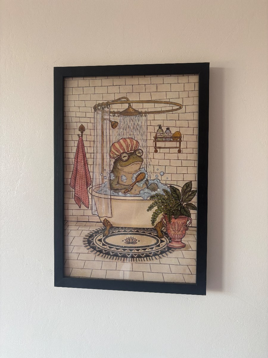 Frog on bath bathroom canvas print (unframed)