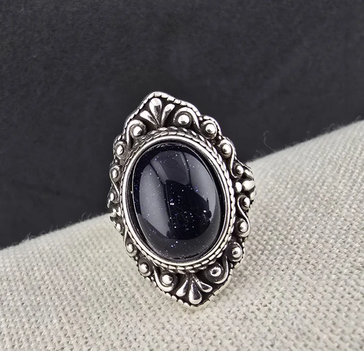 Sterling silver black sparkling goldstone ring size N1/2 - 55