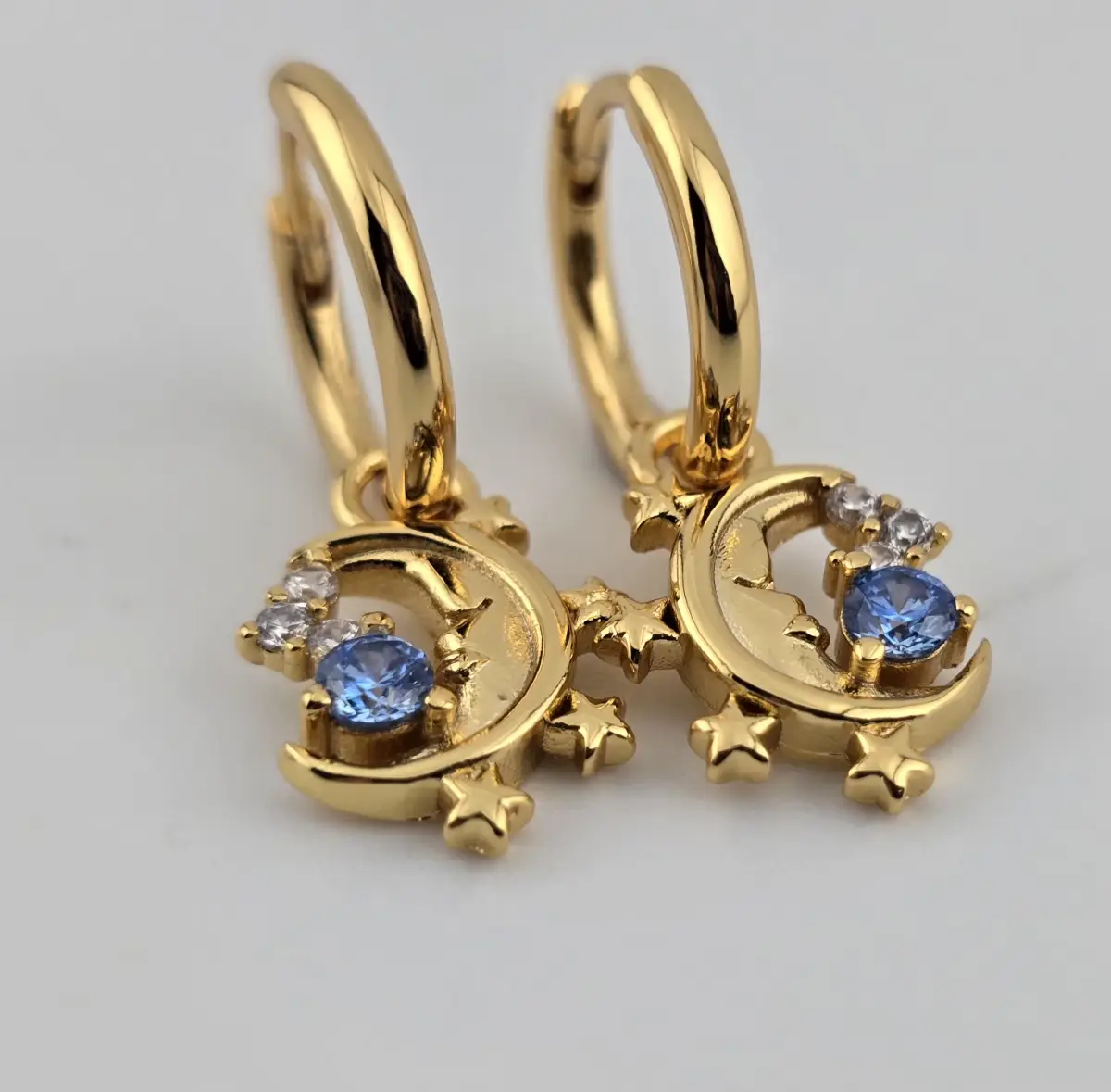 925 Sterling Silver 18K Gold Plated Moon & North Star Huggie Hoop Earrings Blue Cubic Zirconia