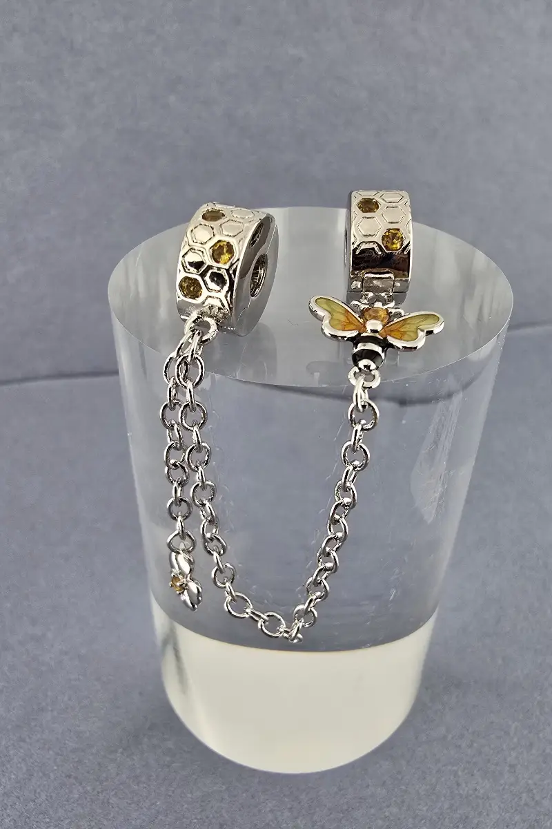 Sterling Silver 925 Bee & Honeycomb Safety Chain Charm | Bumblebee Bracelet Clip