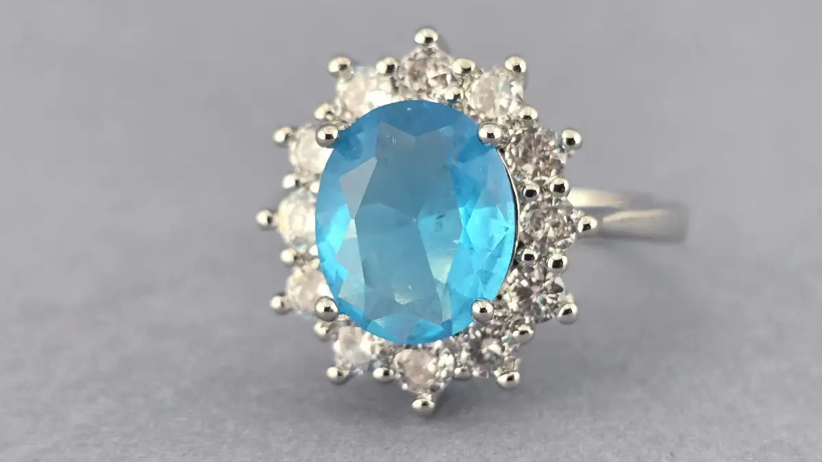 S925 Sterling Silver Ocean Blue Crystal Halo Adjustable Ring | Oval Statement Ring