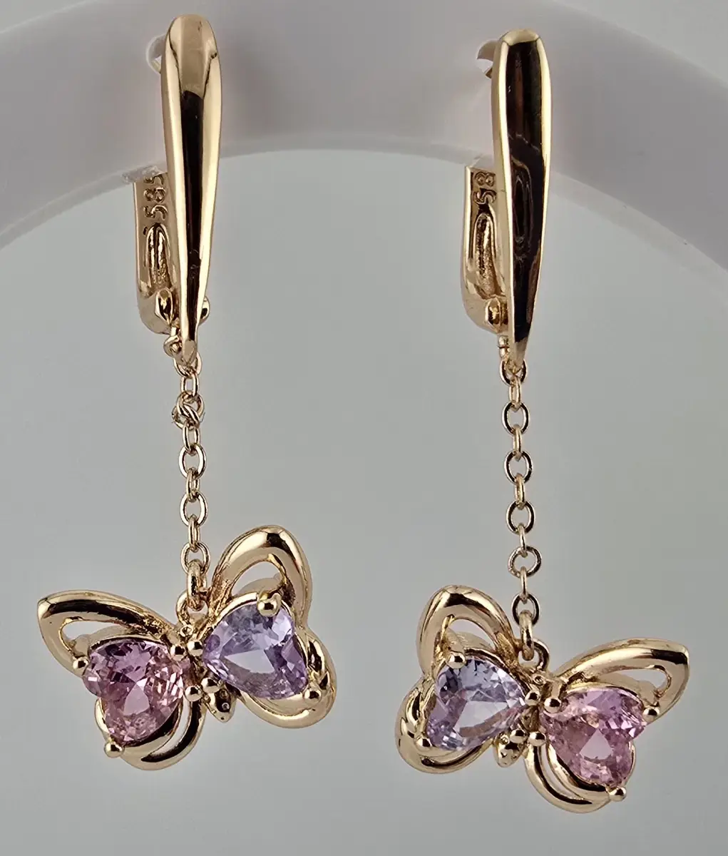 Vintage style 14Ct Rolled Gold Butterfly Lab-Grown Pink & Lilac Topaz Drop Earrings Hallmarked 585 R