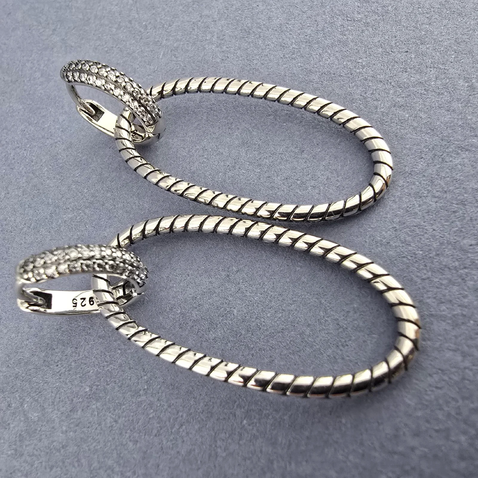 925 Sterling Silver Double Oval Hoop Earrings Pavé Crystal Textured Rope Dangle