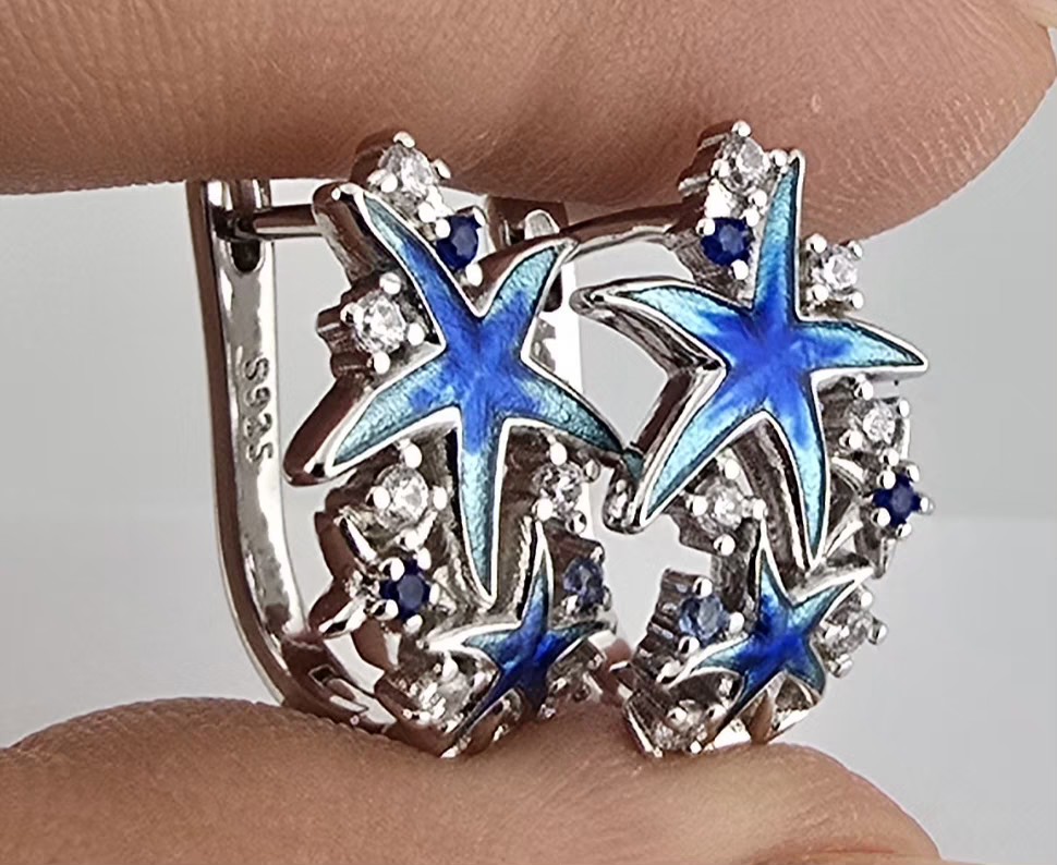 925 Sterling Silver Blue Enamel Starfish Hoop Earrings CZ Leverback Ocean Beach 2cm