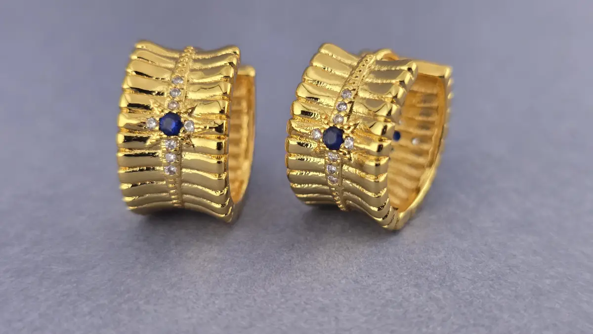 925 Sterling Silver 18K Gold Plated Blue Sapphire Fluted Huggie Hoop Earrings