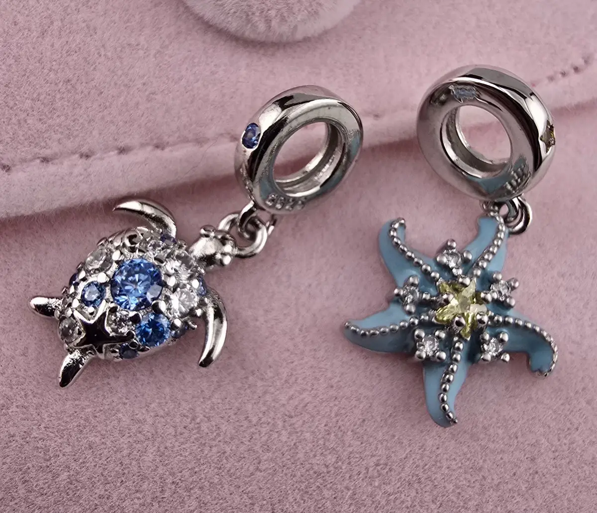 🐢⭐ Sterling Silver S925 Turtle & Starfish Dangle Charm Bundle – Ocean Bracelet Charms