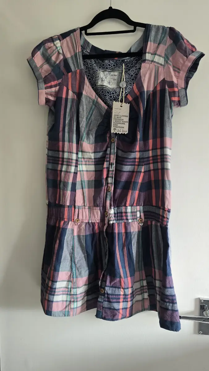 size 12 pink,blue/purple,sweetheart neck,front button dress by Fat Face