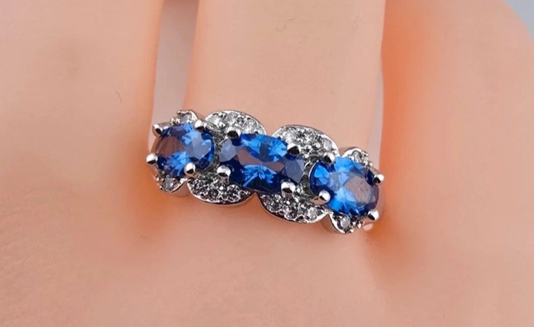 Hallmarked 925 Sterling Silver 3 Stone Tanzanite CZ Ring Size M½ Ladies Gift