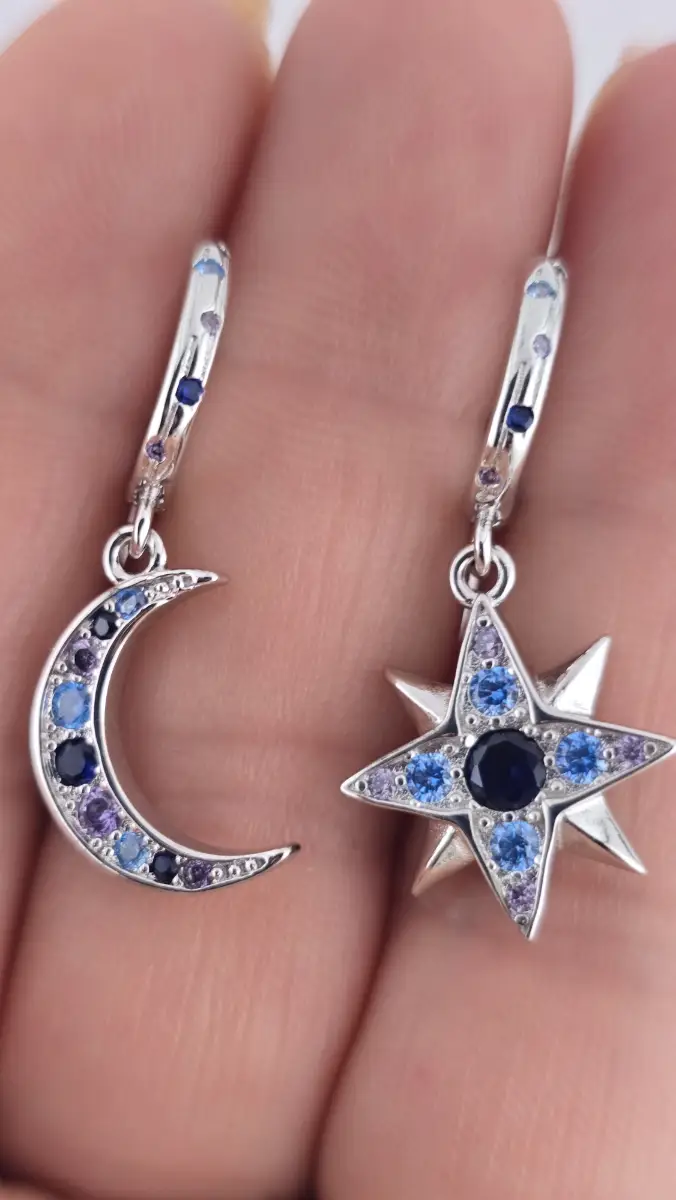 925 Sterling Silver Mismatched Moon & North Star Huggie Hoop Earrings Blue Cubic Zirconia CZ