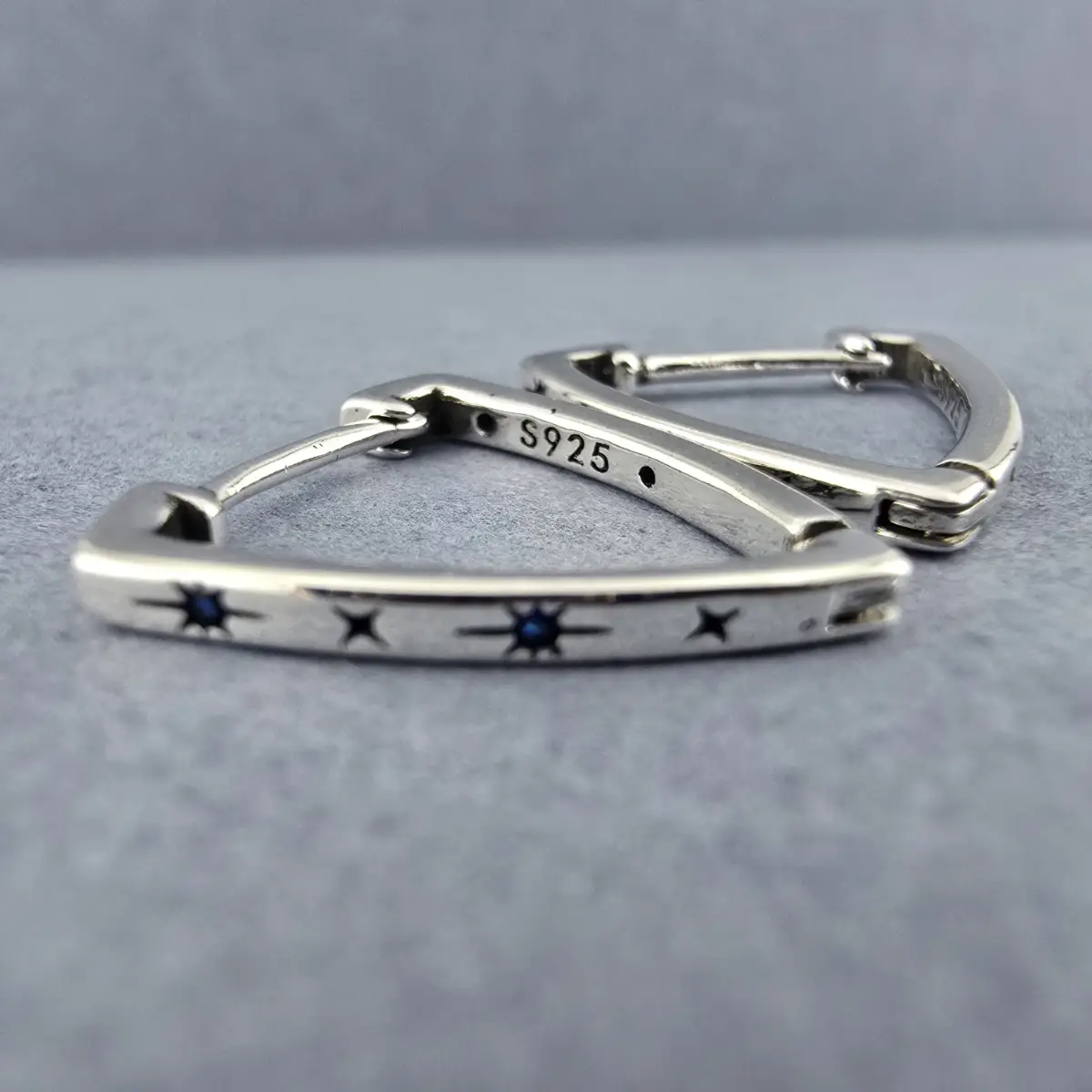 925 Sterling Silver Celestial Triangle Hoop Earrings Blue CZ Star Clickers