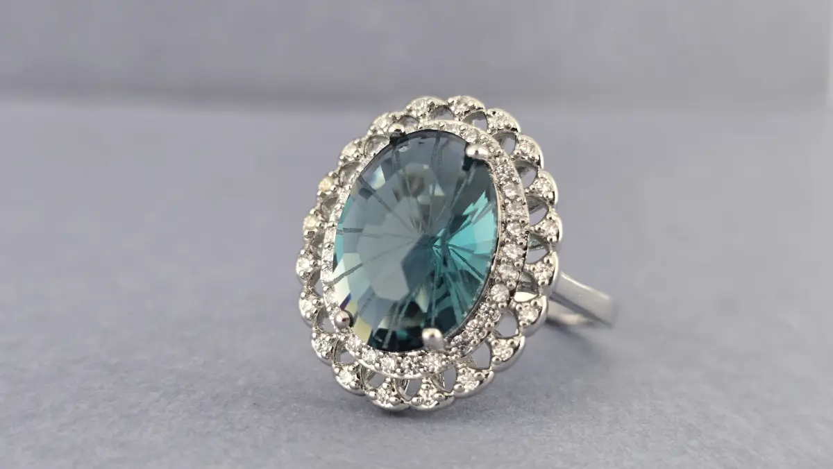 925 Sterling Silver Natural Firework Blue Topaz Halo Ring Size P½ | Blue Aurora
