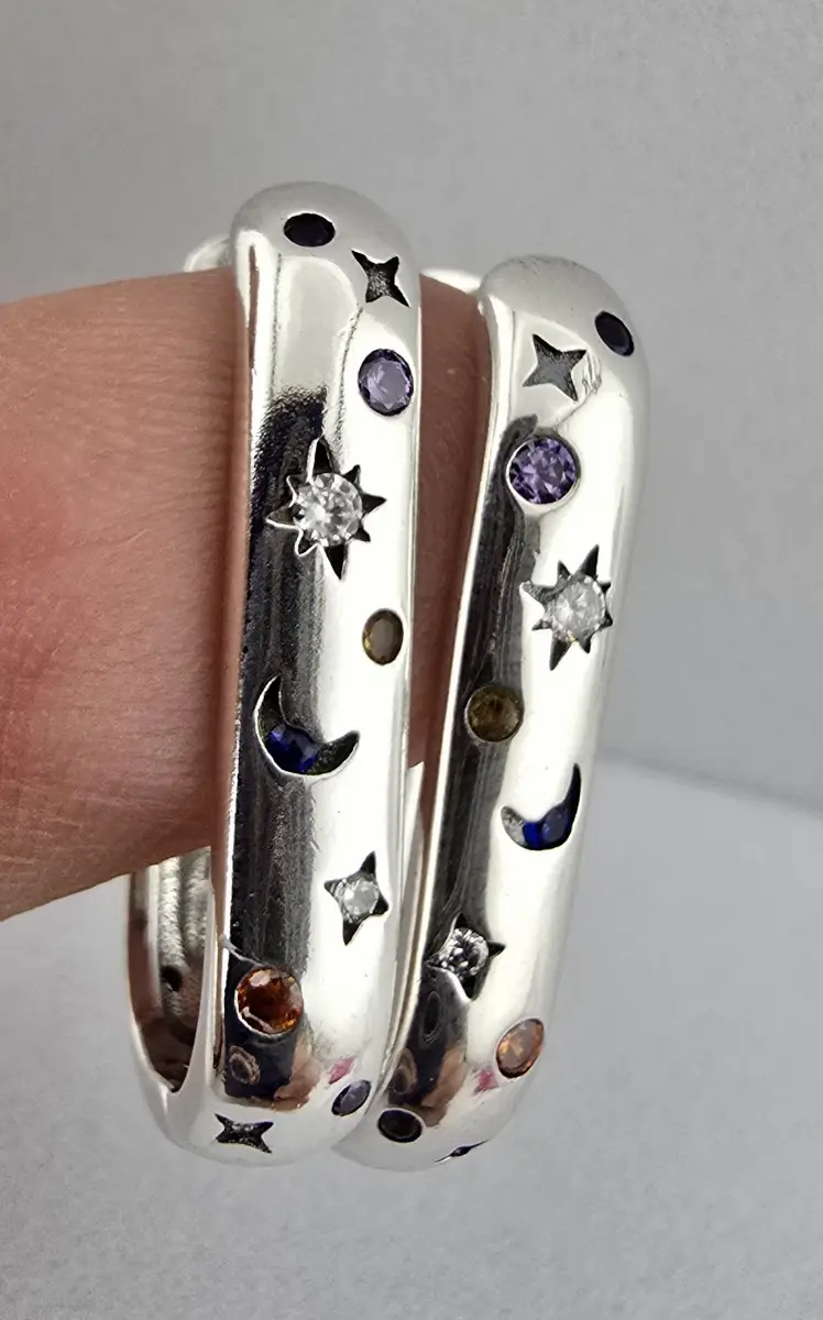 S925 Sterling Silver Moon & Star CZ Hoop Earrings Multi Colour Cubic Zirconia Celestial 28mm