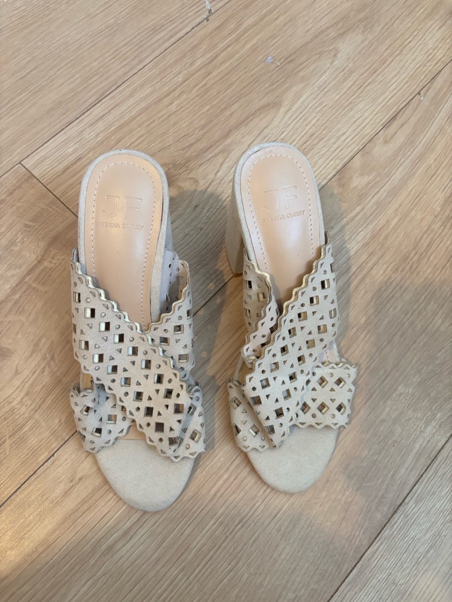 Ayesha Curry Laser Cut Block Heel Mules | UK 3.5 / EU 36 | Beige Nude Scallop