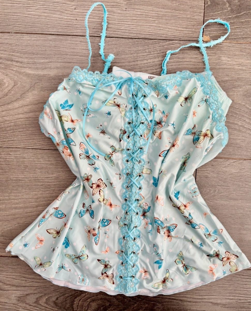 Vintage Y2K Jealousy Butterfly Cami Top | UK 8–10 / 36B | Light Blue Silky Lace