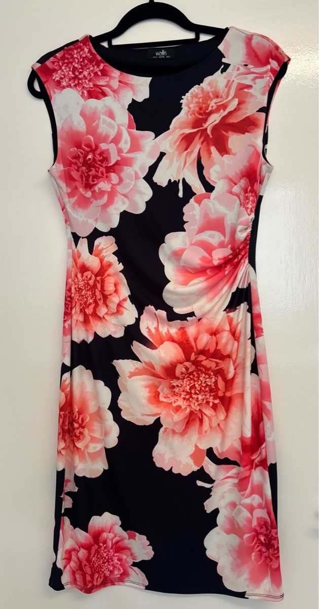 Wallis Black Floral Bodycon Midi Dress | UK 10 / EU 38 | Stretch Occasion Wear