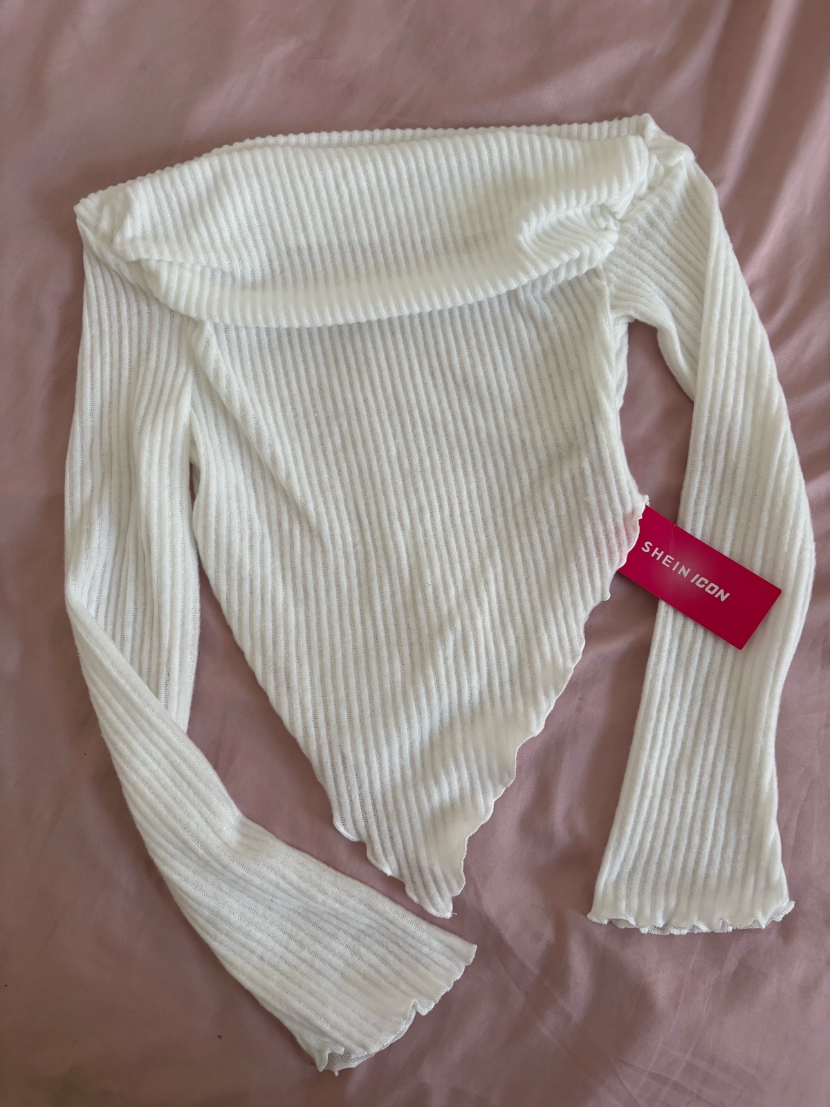 White Ribbed Off-Shoulder Top | UK 8–10 | Long Sleeve Asymmetric Hem Y2K Blouse