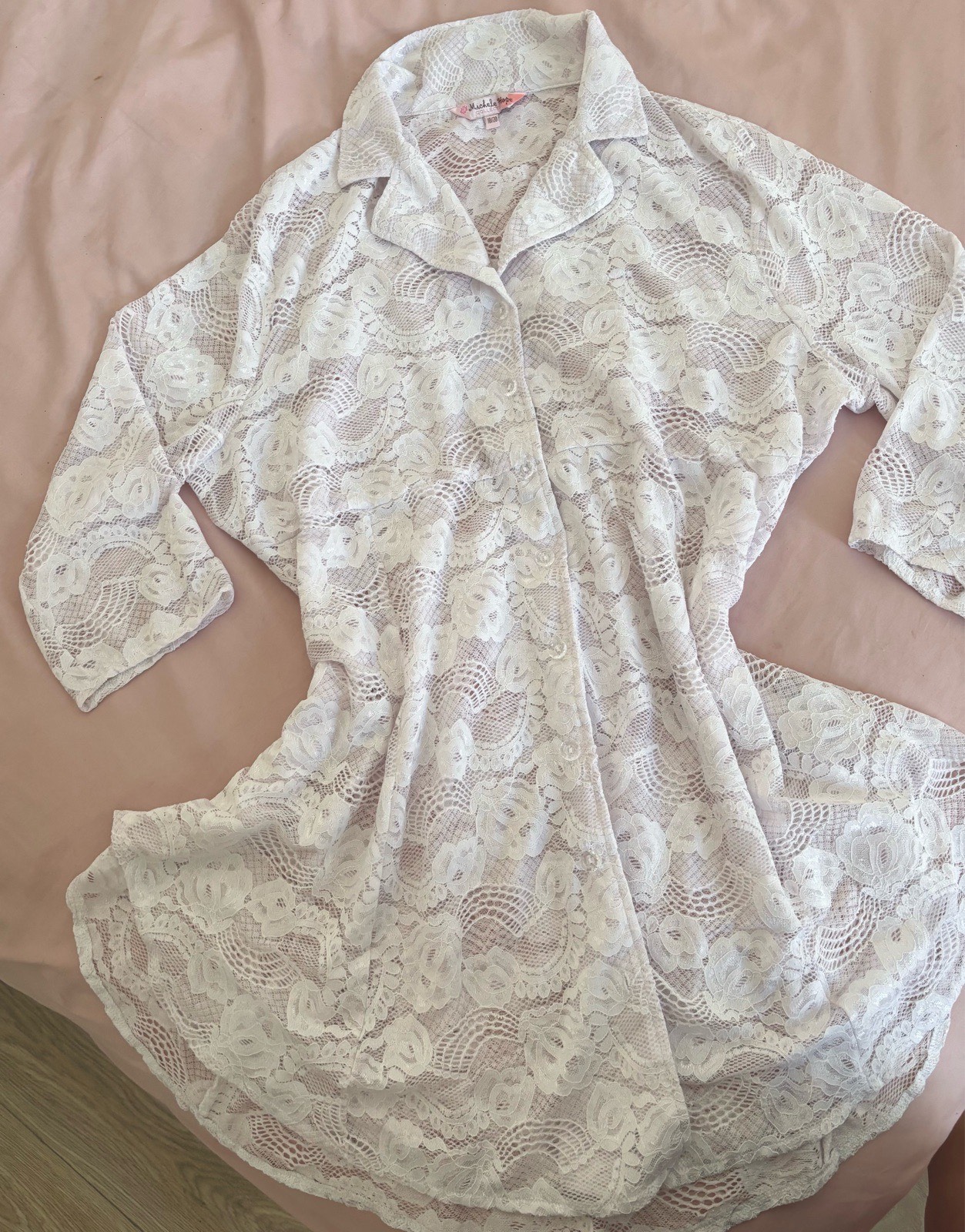 Michele Hope White Floral Lace Shirt | UK 18–20 | Sheer Longline 3/4 Sleeve Beach Cover-Up