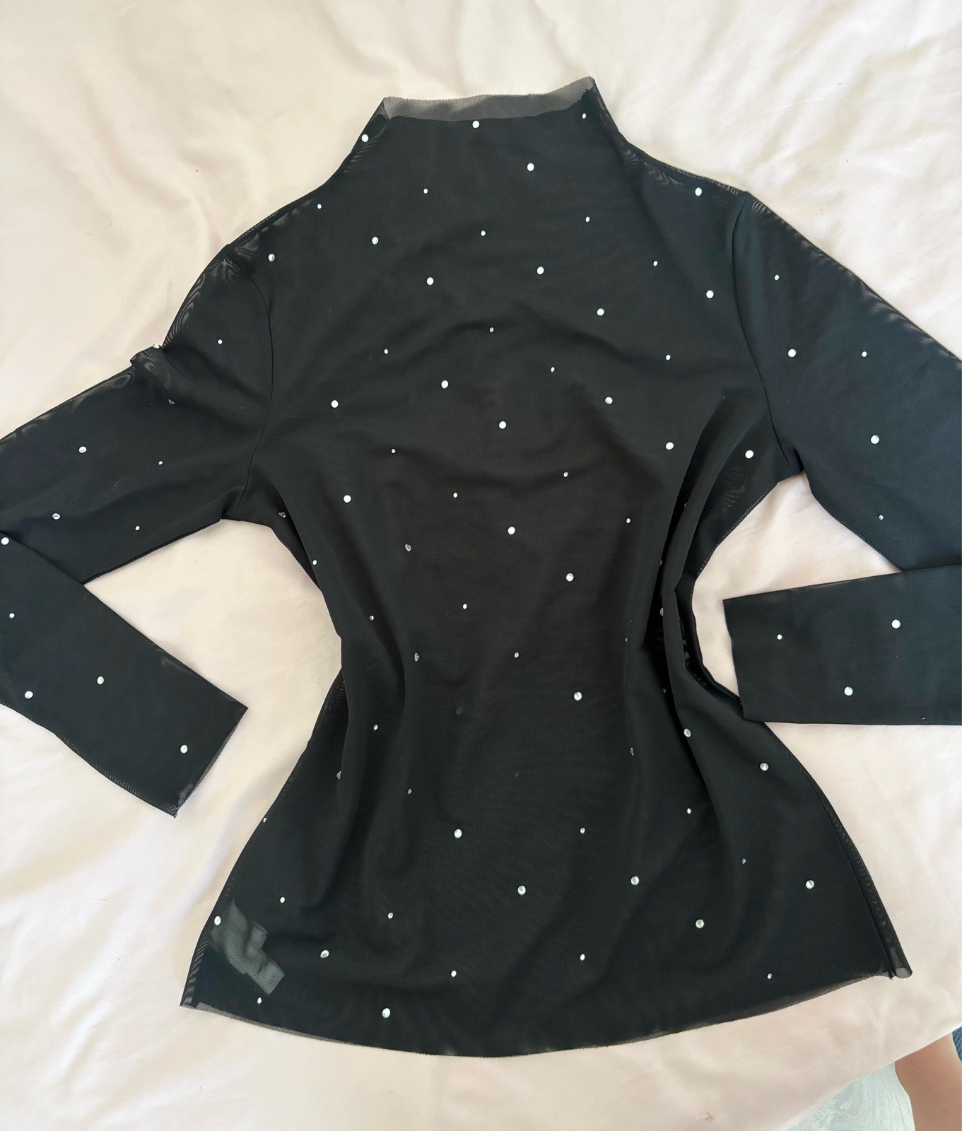 Sparkly Black Mesh Rhinestone Top | UK 12–14 | Long Sleeve Sheer Y2K Party Blouse