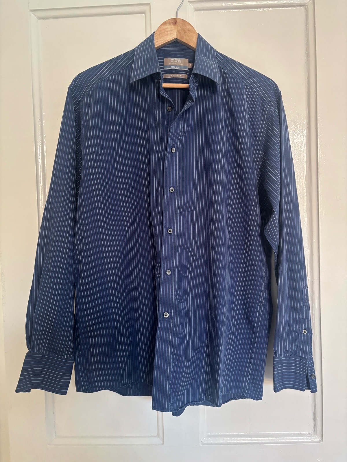 Marks & Spencer Mens Indigo Blue Striped Shirt | 16" Collar | 100% Cotton Easy Iron