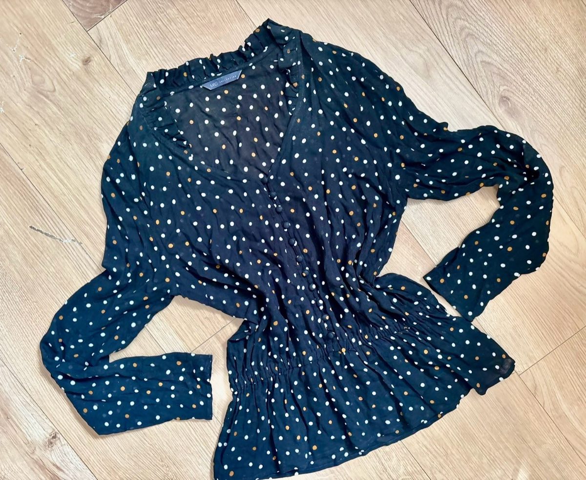 M&S Black Polka Dot Peplum Blouse | UK 8 | V‑Neck Long Sleeve Viscose Top
