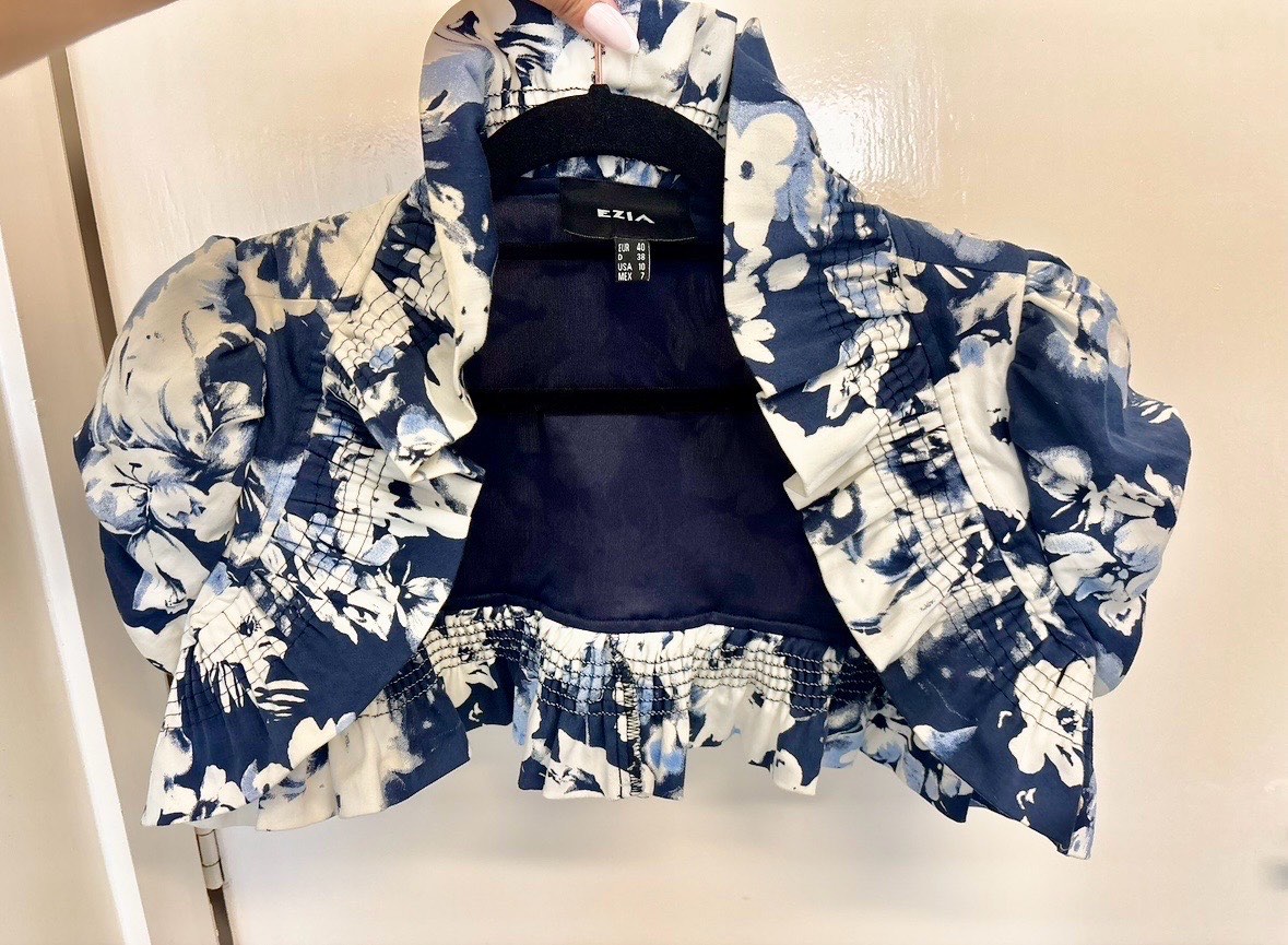 Ezia Navy White Floral Bolero Shrug | UK 10 / EU 40 | Cotton Stretch Summer Cover Up