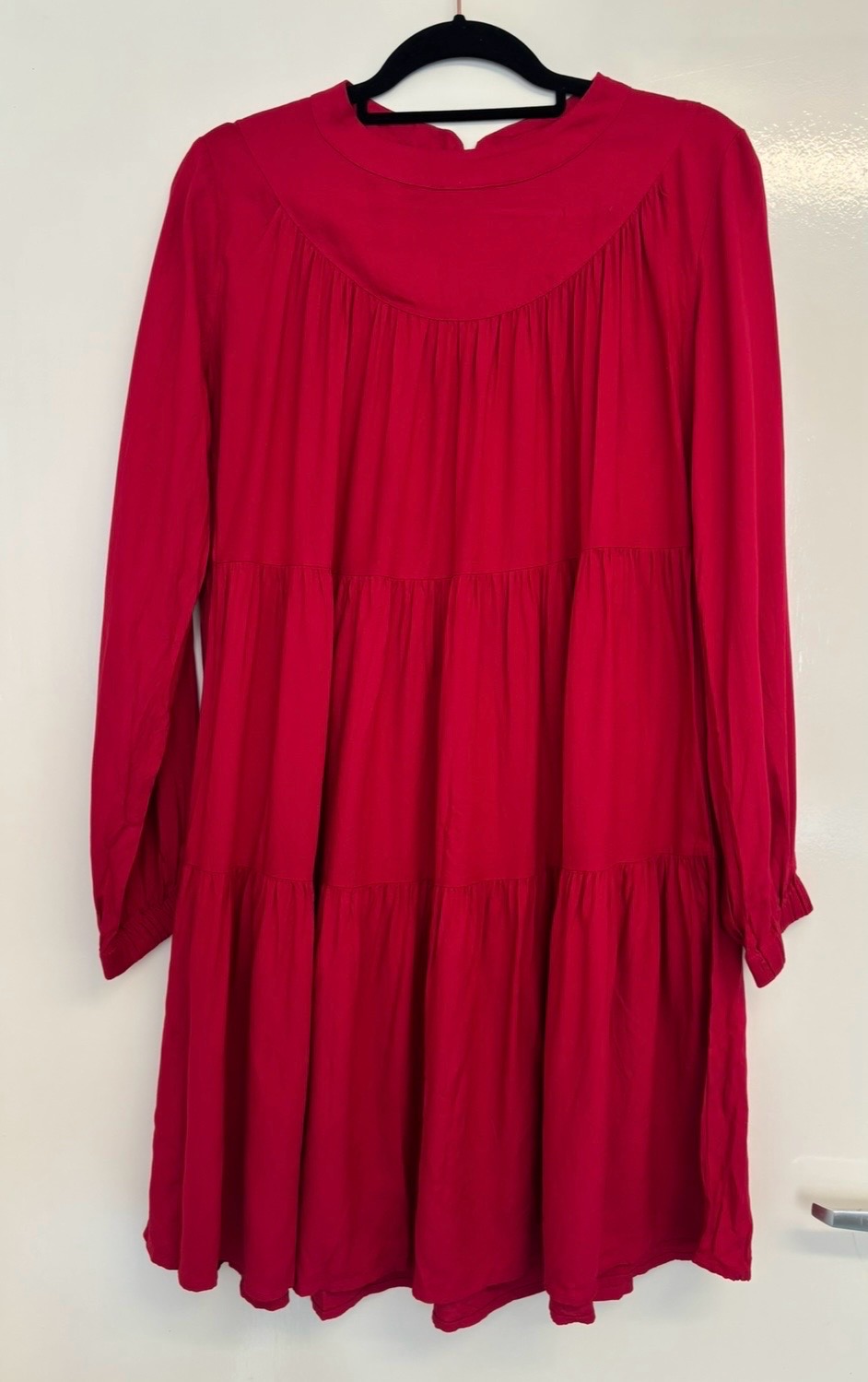 Vintage Benetton Red Tiered A-Line Dress | UK 8-10 / S | Floaty Summer Viscose