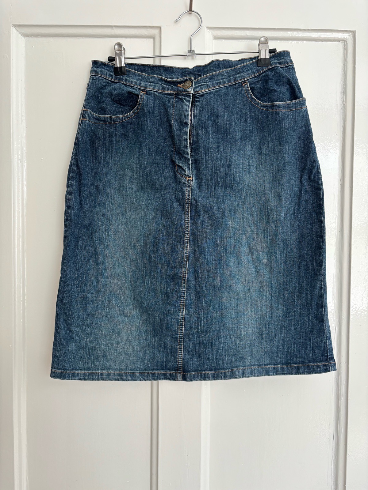 NEXT Classic Blue Denim Skirt | UK 12 | Knee Length | Straight Cut | 5-Pocket Design