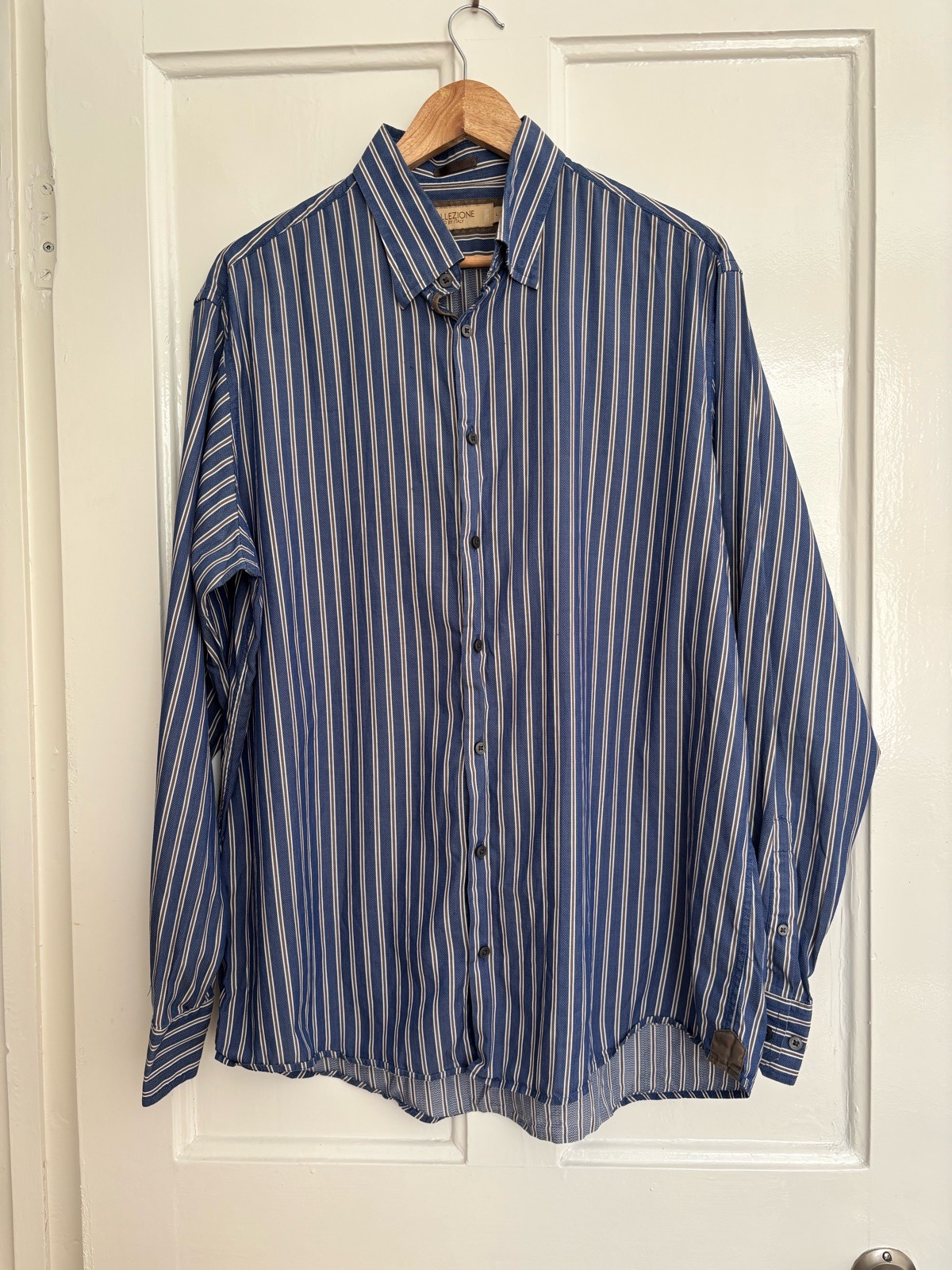 Marks & Spencer Collezione Mens Blue Striped Shirt | Size L | 16.5–17" Collar | Italian Style
