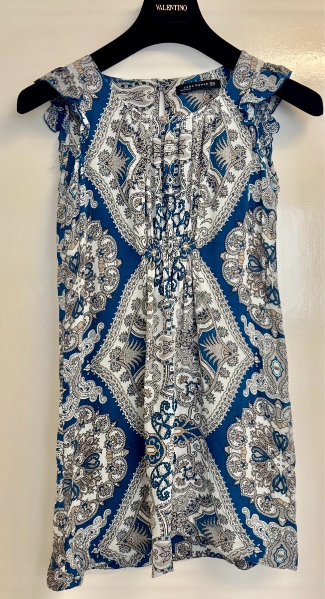 Zara Blue Paisley Print Mini Dress | XS / UK 4–6 | Boho Flowy Summer Dress