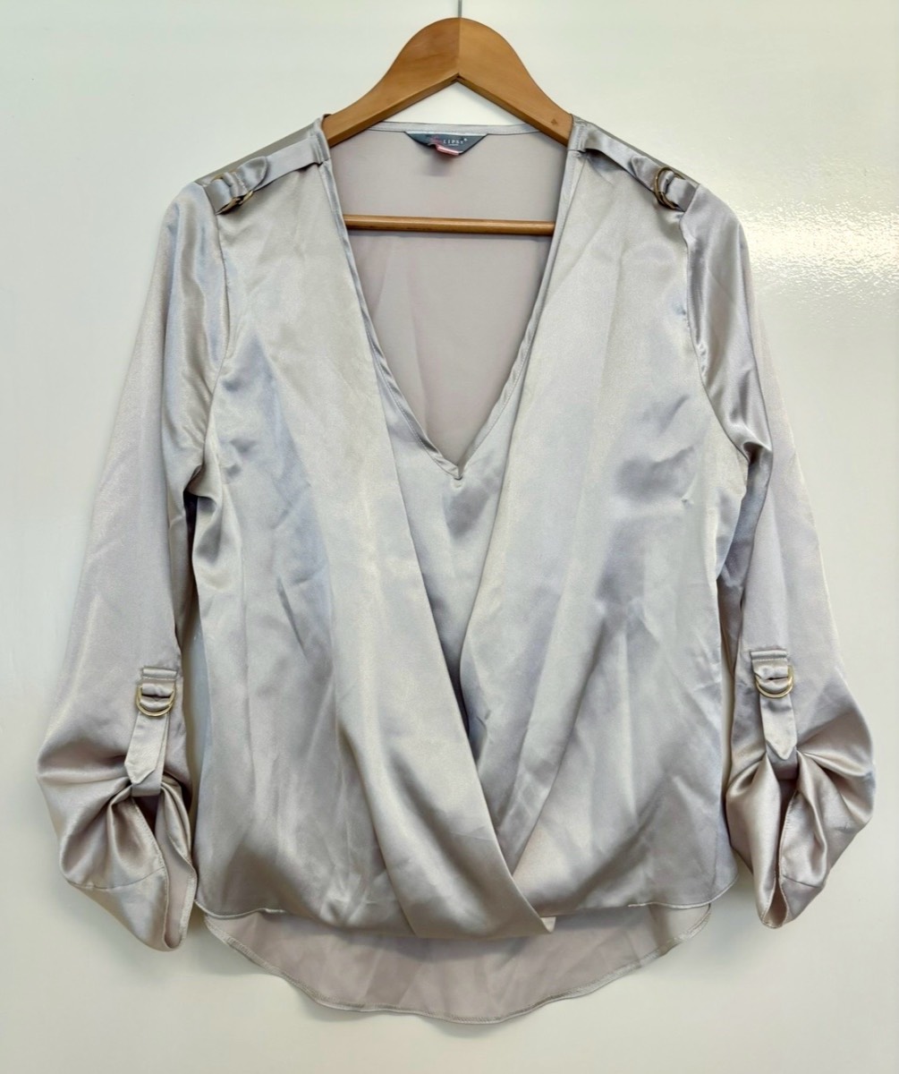 Lipsy London Champagne Silky Wrap Top | UK 12 | Gold D‑Ring Long Sleeve Blouse