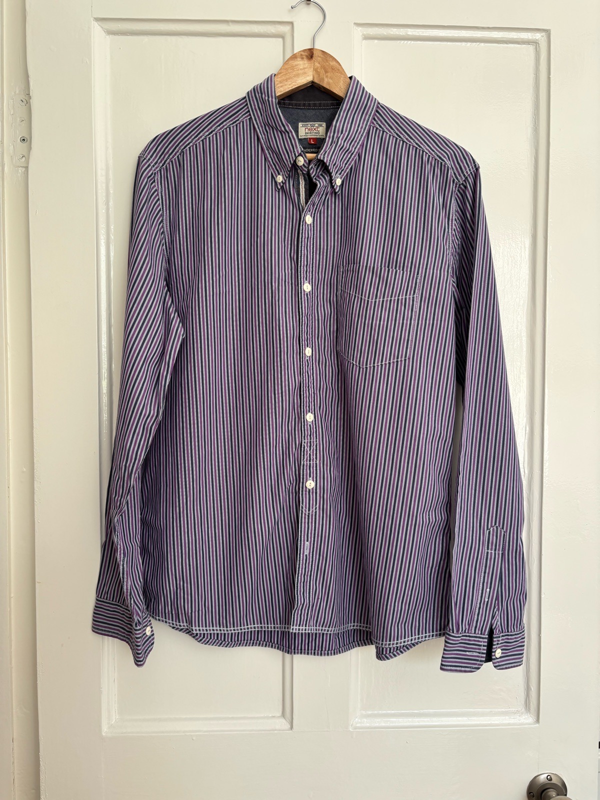 Next Men’s Purple & White Striped Shirt | Size L | 100% Cotton Long Sleeve