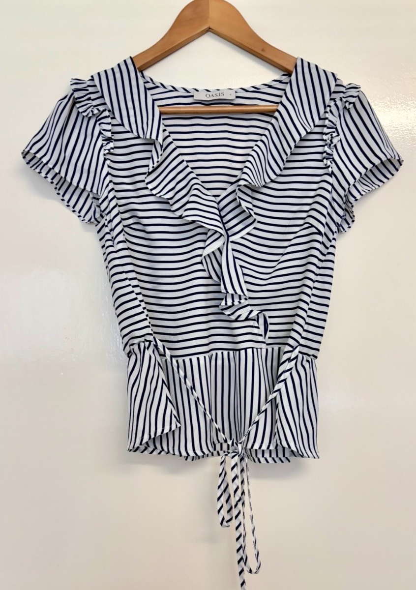 Oasis Navy White Stripe Wrap Top | UK 8 | Frill Neck Short Sleeve Blouse