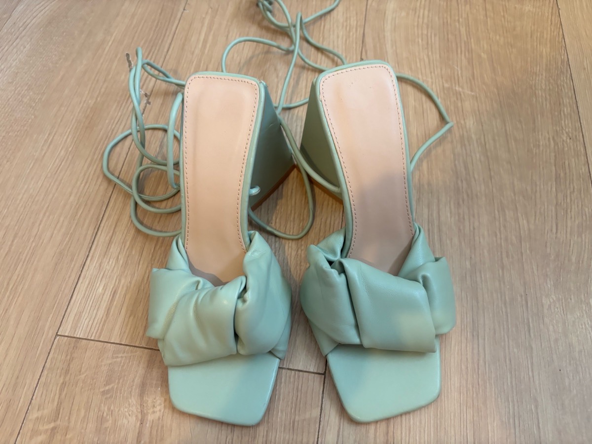 Sage Green Tie Leg Block Heel Sandals | UK 3–3.5 / EU 36 | Square Toe Faux Leather