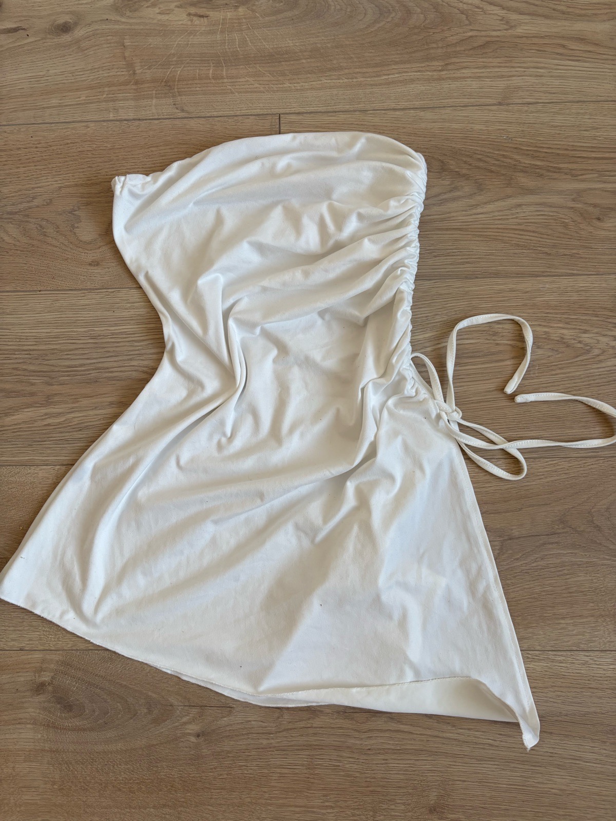 White Strapless Mini Dress | UK 8–10 S/M | Ruched Tie Waist Asymmetric Hem