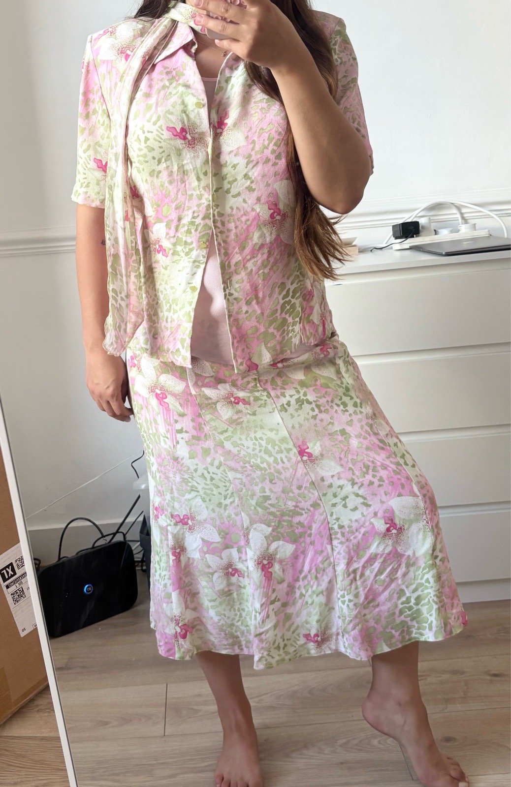 Vintage Floral Co-ord Set | UK 12–14 | 4-Piece Viscose Shirt Skirt Vest Scarf Matching Outfit