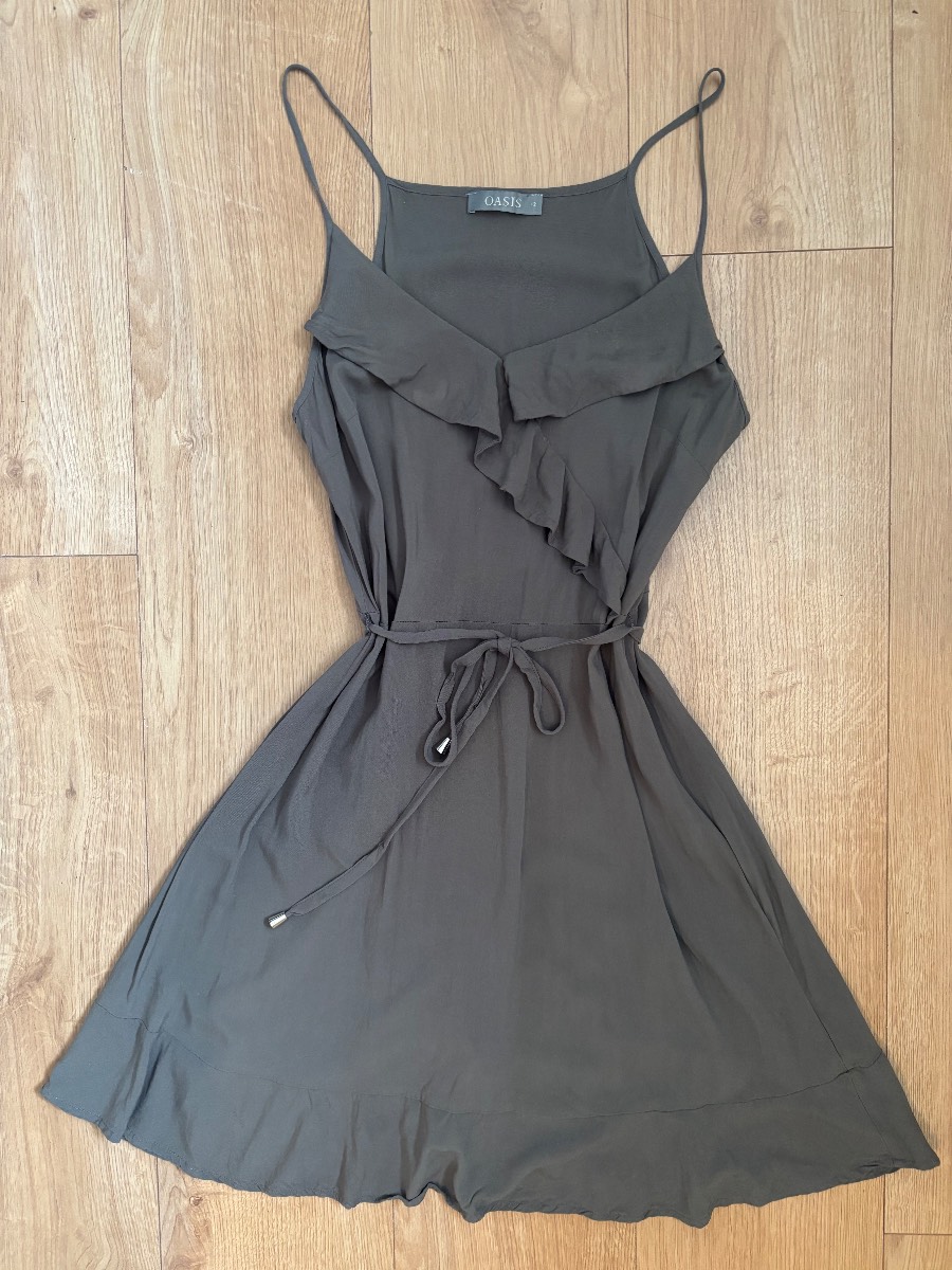 Oasis Khaki Green Ruffle Front Dress | UK 12 | 100% Viscose | Floaty Summer