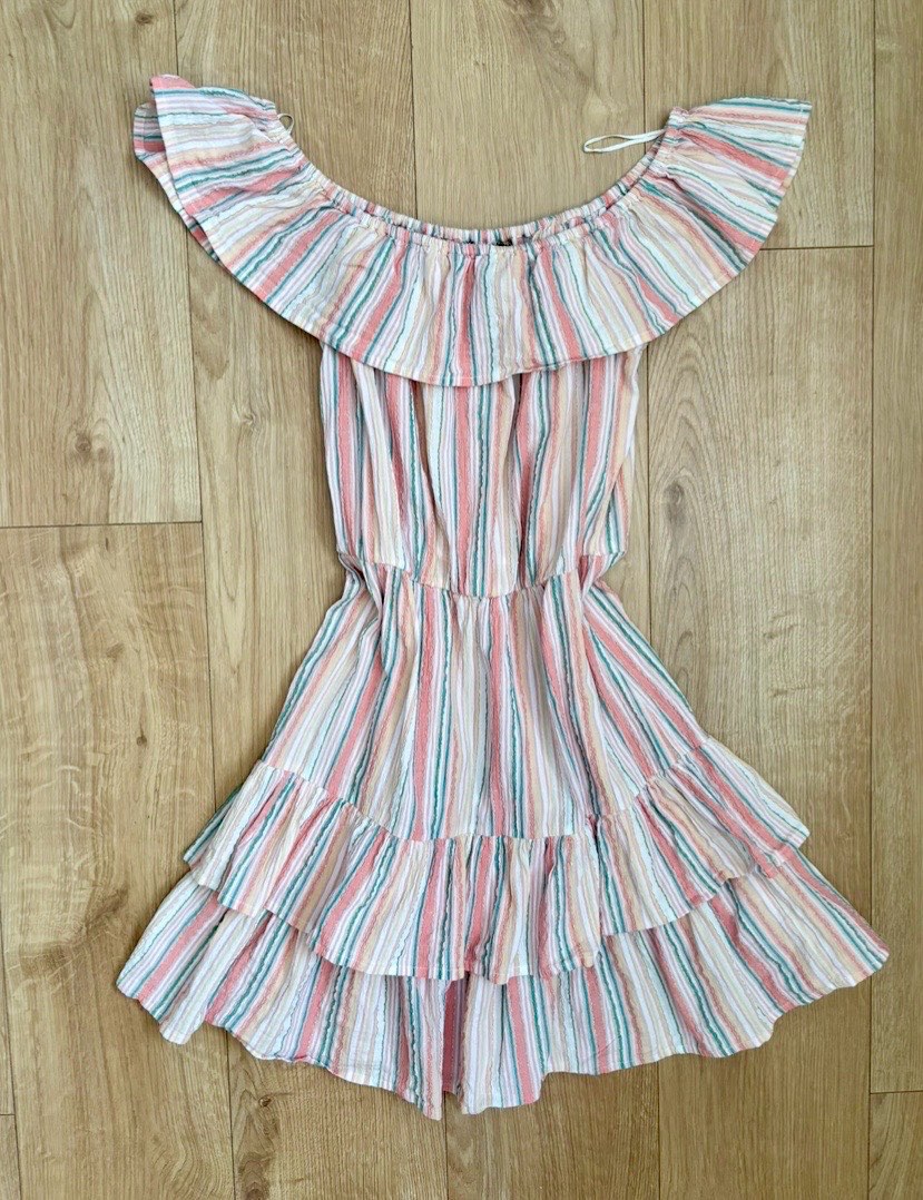 Lipsy London Off Shoulder Summer Dress | UK 12 / EU 40 | Pastel Stripe Floaty Tiered