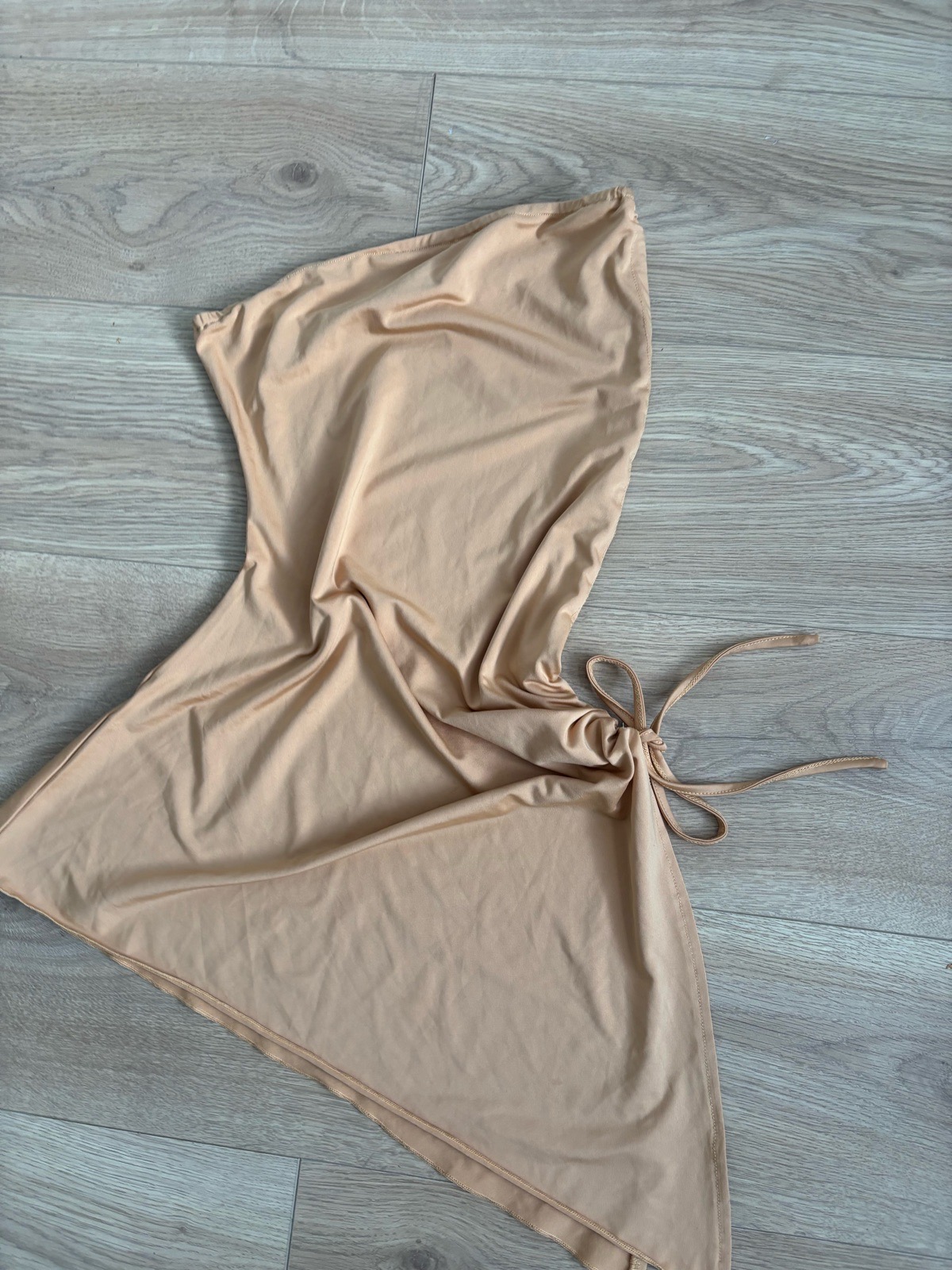 Beige One-Shoulder Dress | UK 8–10 S/M | Ruched Tie Waist Asymmetric Hem
