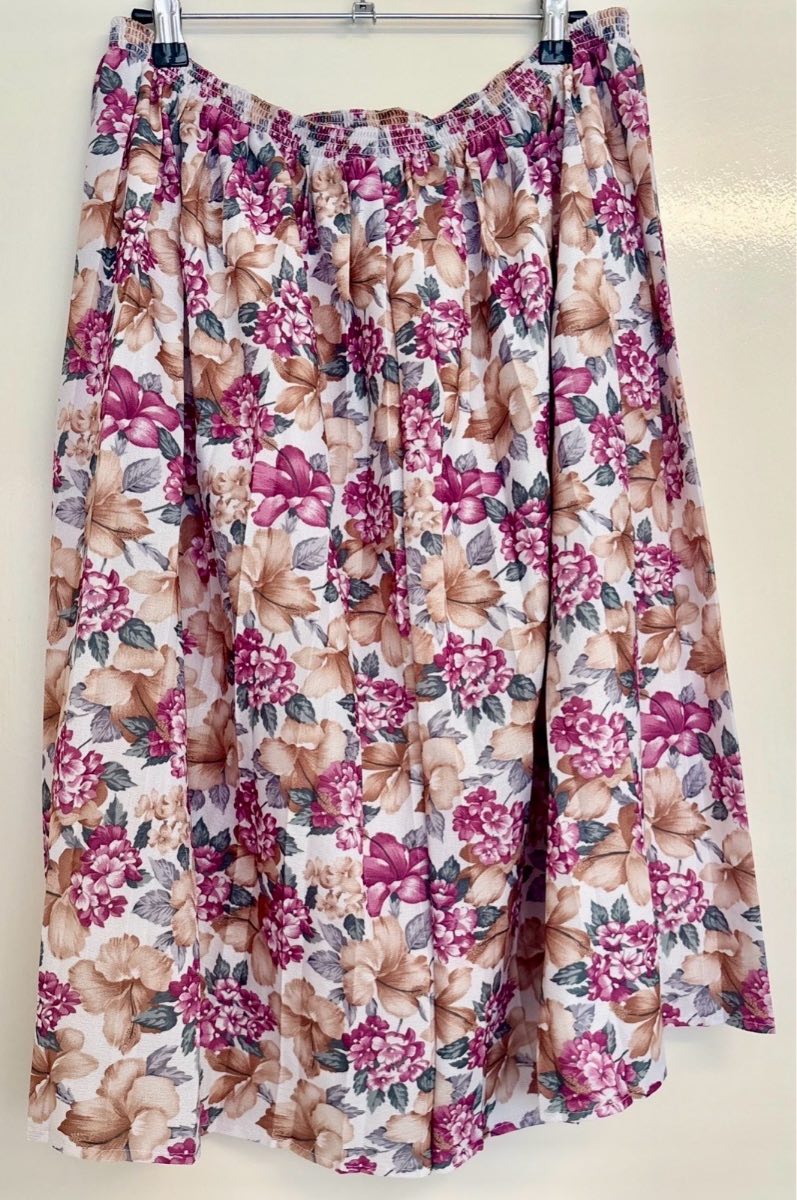 Vintage Pink & Beige Floral Midi Skirt | Elastic Waist | UK 8–14 / S‑L | Boho Flowy